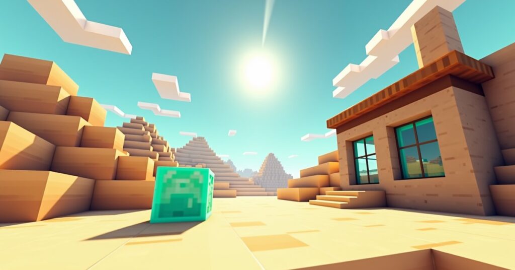 Minecraft furnace smelting sand into glass blocks beside a desert build with finished glass windows.