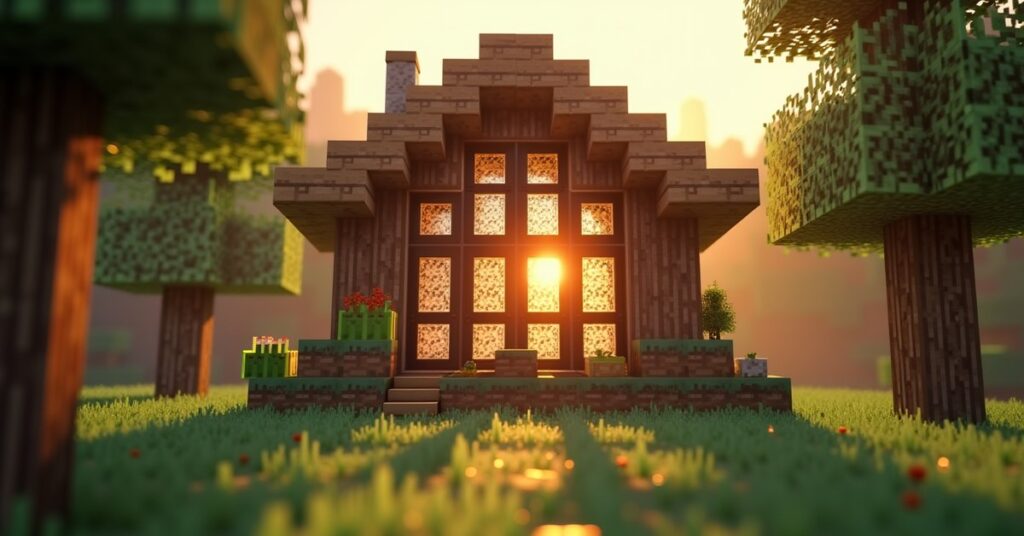Minecraft cottage with a wide window of clear glass panes glowing in golden hour sunlight inside an oak frame.