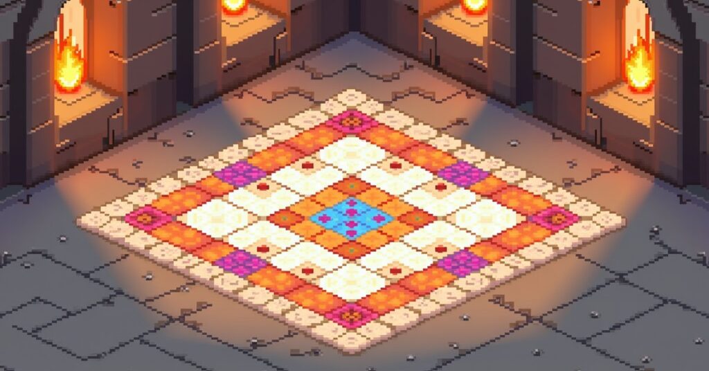 A 4x4 glazed terracotta floor mosaic in a Minecraft stone temple, lit by torchlight
