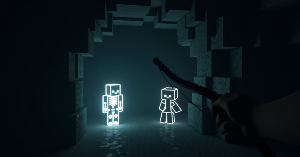 A Minecraft skeleton and creeper outlined in white by the Glowing effect, visible through a dark cave wall.