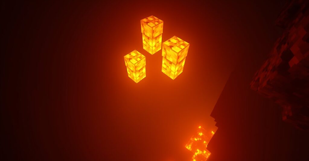 Bright yellow glowstone blocks glowing on the ceiling of a Minecraft Nether cavern above dark netherrack and lava.