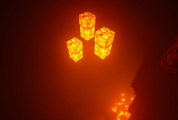Bright yellow glowstone blocks glowing on the ceiling of a Minecraft Nether cavern above dark netherrack and lava.
