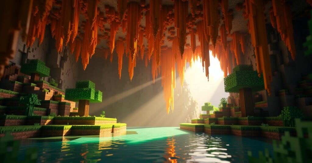 A Minecraft lush cave ceiling covered in hanging roots above mossy stone and a small pool of water.