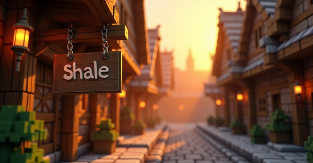 Wooden hanging signs swaying on iron chains above shopfronts in a Minecraft village street at golden hour.