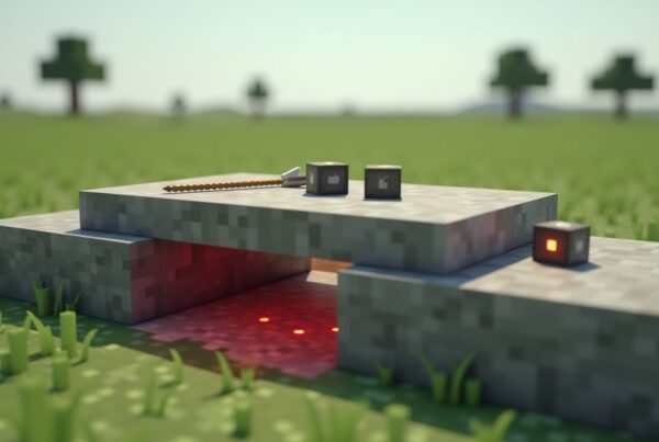 Minecraft heavy weighted pressure plate on a stone block with a redstone comparator showing a live signal output.