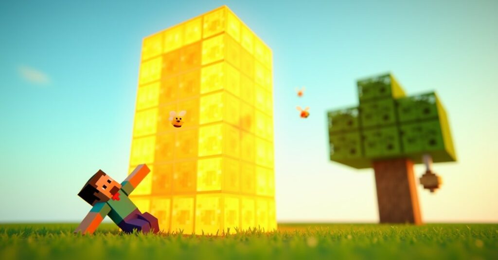 Minecraft Steve sliding down a tall column of yellow honey blocks beside a bee nest in an oak tree.
