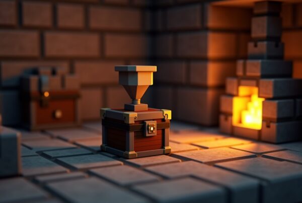 A Minecraft hopper attached to a chest with iron ingots and a furnace nearby in a stone redstone workshop.