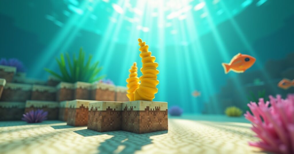 Yellow horn coral fan growing on a coral block in a Minecraft warm ocean reef with tropical fish.