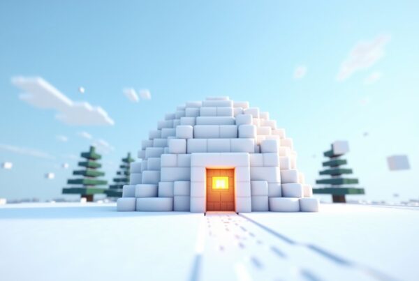 A Minecraft igloo built from snow blocks on a snowy plain, with a lit doorway and pine trees behind it.