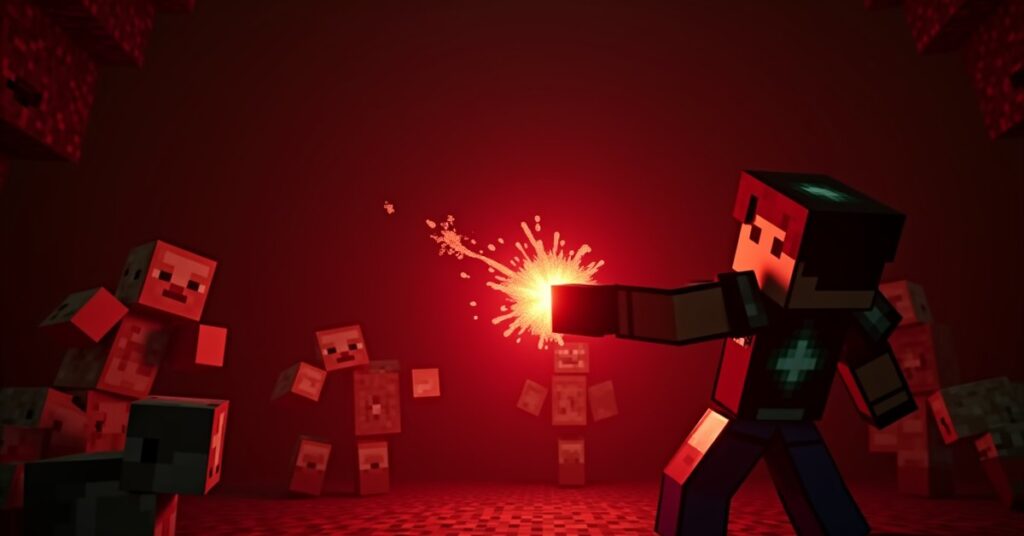 Minecraft player throwing a red splash Potion of Harming that bursts with Instant Damage particles onto mobs in a cave.