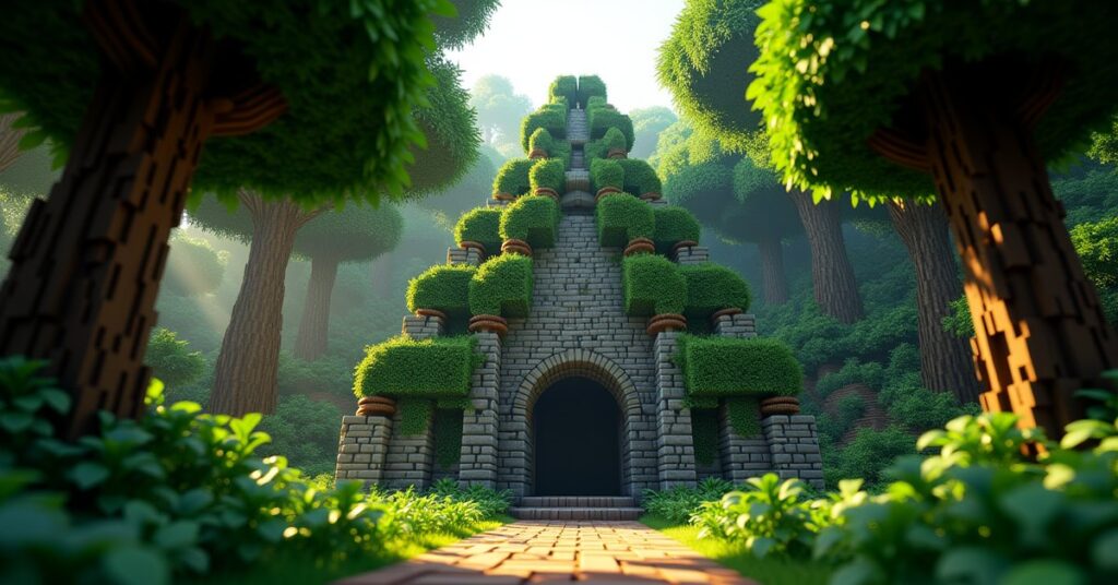 A vine-covered Minecraft jungle pyramid built of mossy cobblestone, surrounded by dense jungle trees and dappled sunlight.