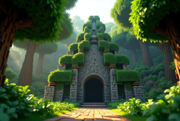 A vine-covered Minecraft jungle pyramid built of mossy cobblestone, surrounded by dense jungle trees and dappled sunlight.