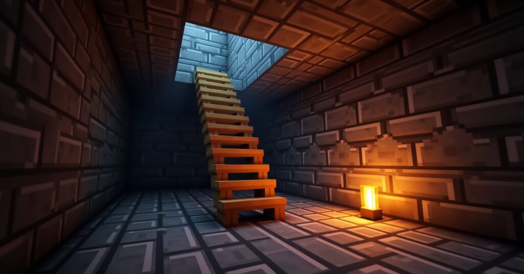 A wooden ladder fixed to a stone-brick wall inside a torchlit Minecraft mine shaft, leading up through a ceiling opening.