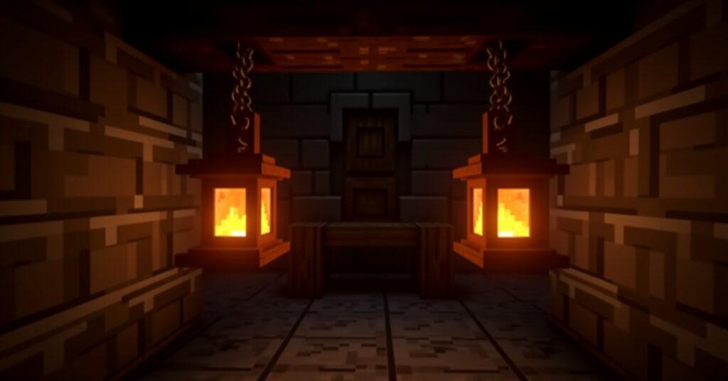 Two Minecraft lanterns hanging from chains in a cozy stone-brick room, glowing warm orange.