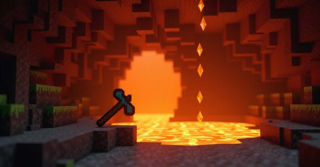 Glowing orange lava lake in a deep Minecraft cave with dripstone above and deepslate walls lit by the warm light.