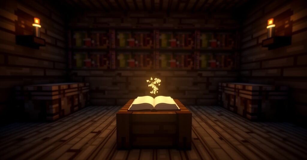 A Minecraft lectern with an open book on top, surrounded by oak bookshelves in a torchlit village library.