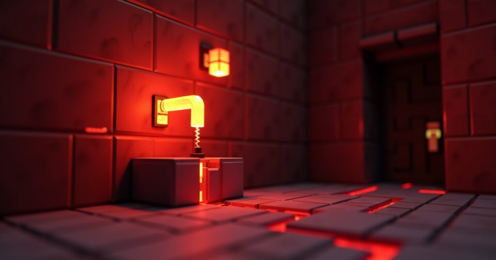 Minecraft lever attached to a stone-brick wall in the on position, glowing red and powering nearby redstone dust.