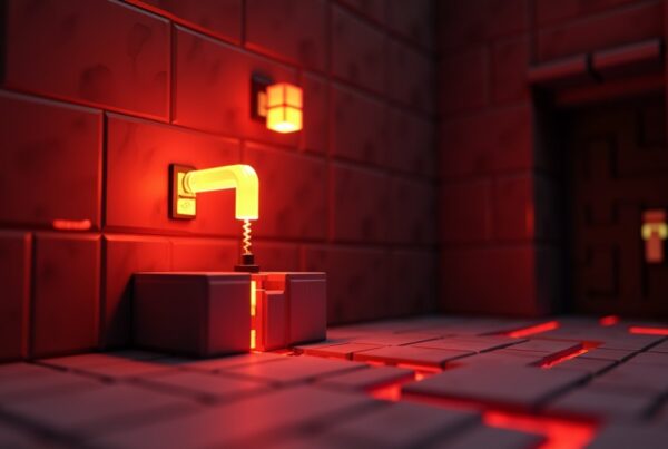 Minecraft lever attached to a stone-brick wall in the on position, glowing red and powering nearby redstone dust.