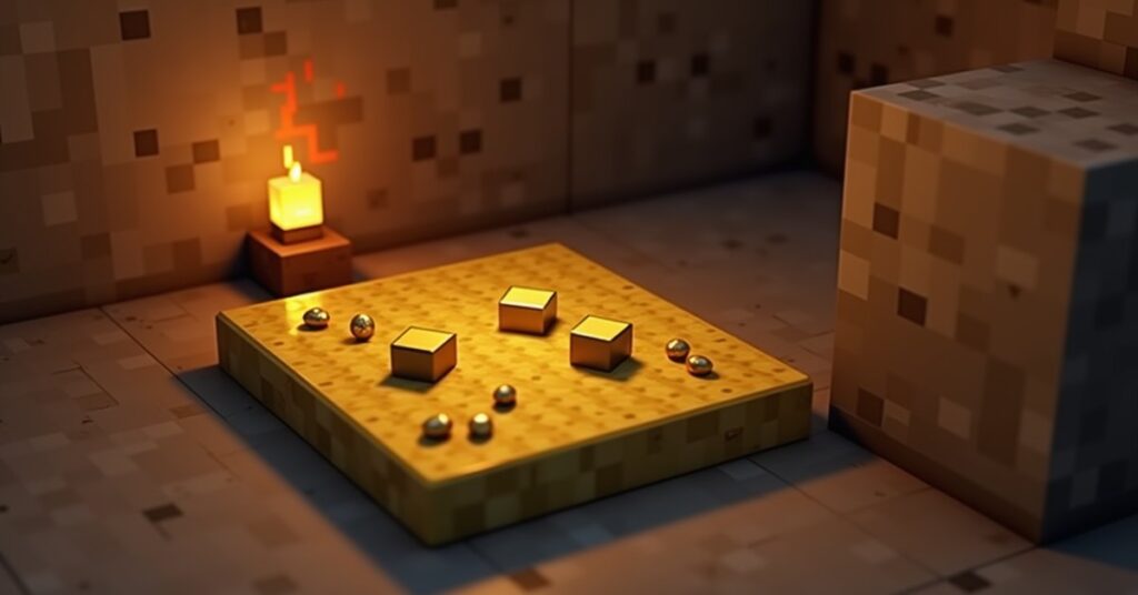Gold light weighted pressure plate in a Minecraft workshop with dropped items on top and a redstone wire trailing off.
