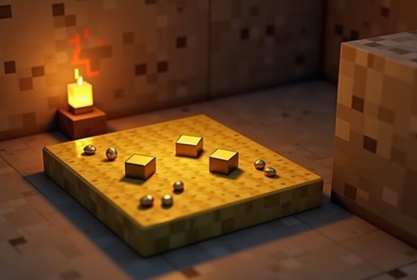 Gold light weighted pressure plate in a Minecraft workshop with dropped items on top and a redstone wire trailing off.