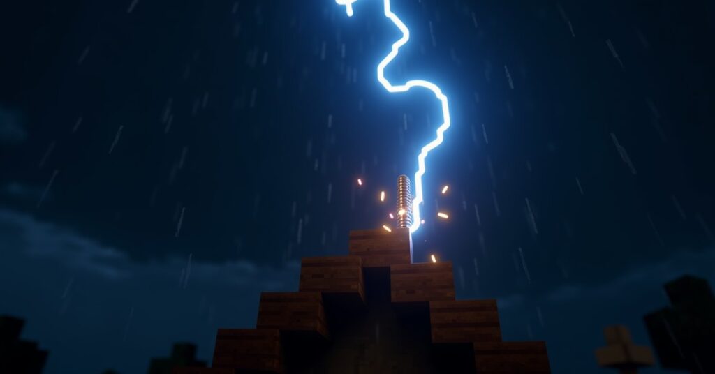 A copper lightning rod on a Minecraft rooftop during a thunderstorm, taking a bright lightning bolt.