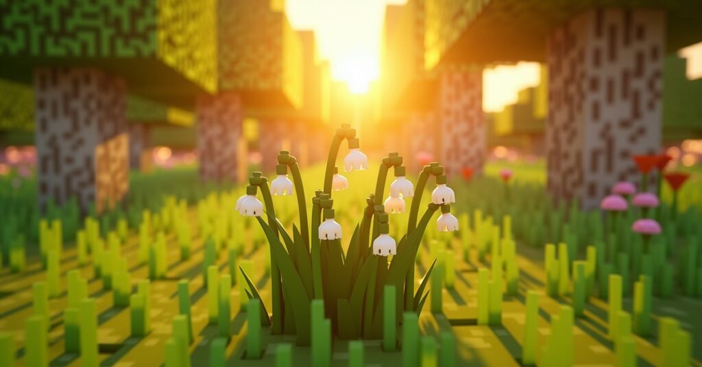 Lily of the valley flowers growing in a Minecraft flower forest at sunset, surrounded by birch trees and other wildflowers.