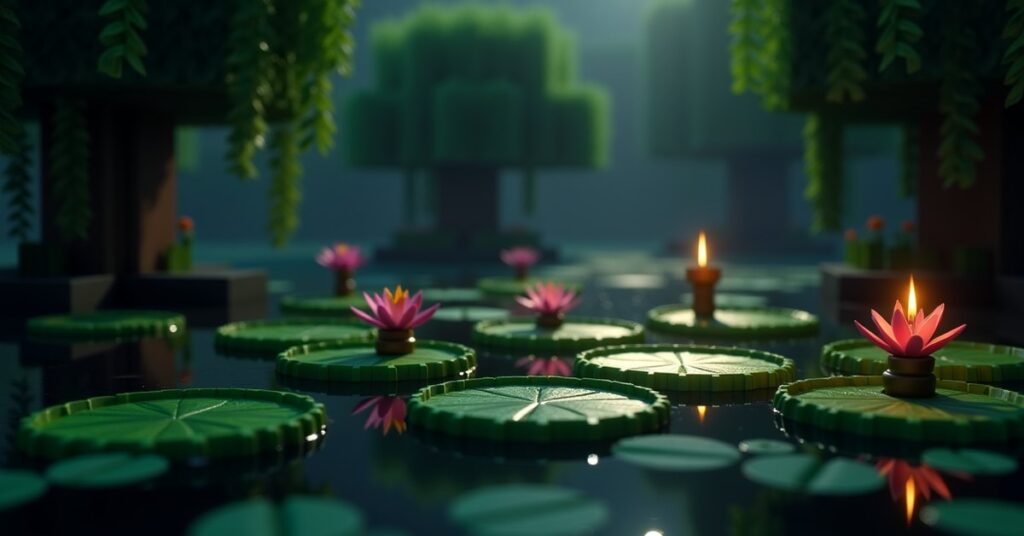 Minecraft lily pads floating on dark swamp water with oak trees and hanging vines in the background.