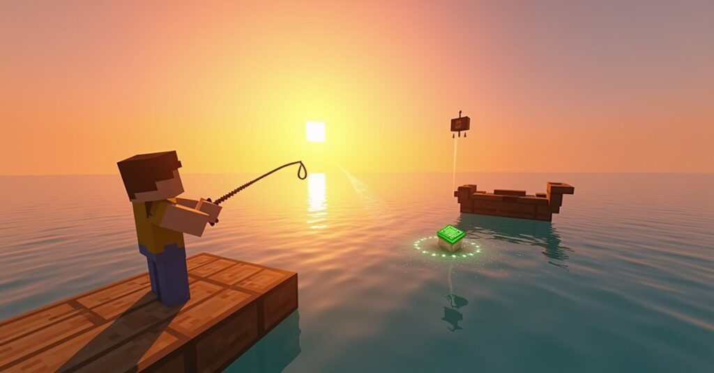 Minecraft player fishing off a dock at sunset with the green Luck effect sparkling and treasure glowing underwater.