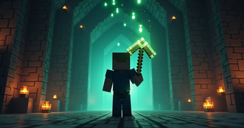 Minecraft player holding a glowing Mending pickaxe absorbing XP orbs in a mob spawner room.