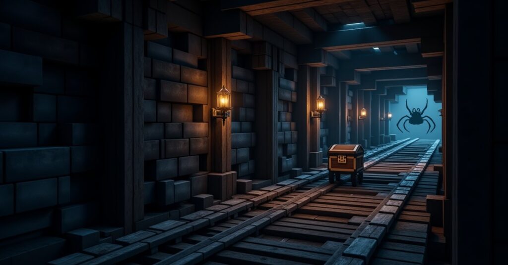 Minecraft abandoned mineshaft with wooden supports, rails, cobwebs, and a minecart chest lit by torchlight underground.