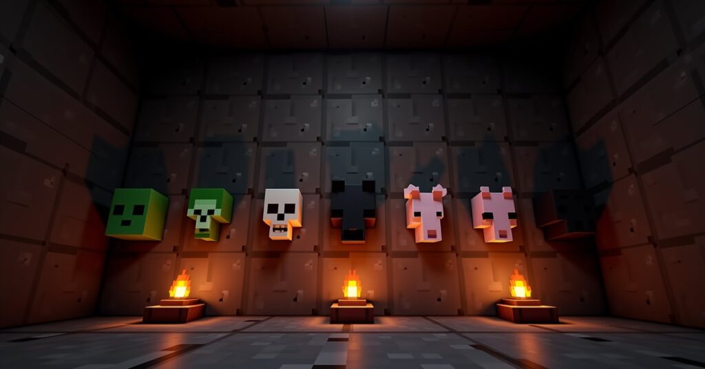 Minecraft mob heads on a dark stone wall: creeper, skeleton, wither skeleton, zombie, piglin, and dragon.