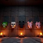 Minecraft mob heads on a dark stone wall: creeper, skeleton, wither skeleton, zombie, piglin, and dragon.