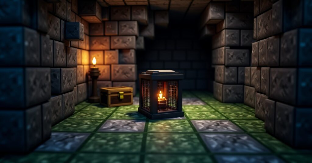 Minecraft dungeon room with a mob spawner, cobblestone and mossy cobblestone floor, and a loot chest against the wall.
