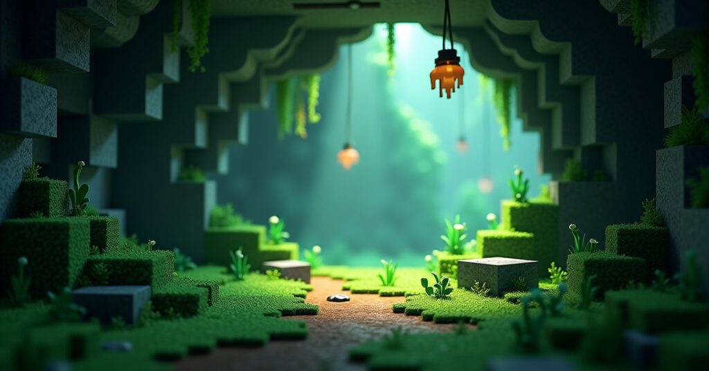 Moss carpet covering a lush cave floor in Minecraft with azalea bushes and glowing spore blossoms overhead.