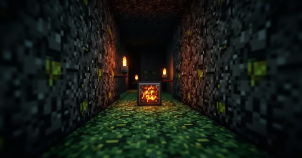 Moss-covered cobblestone floor and walls in a torch-lit Minecraft dungeon with a mob spawner glowing in the background.