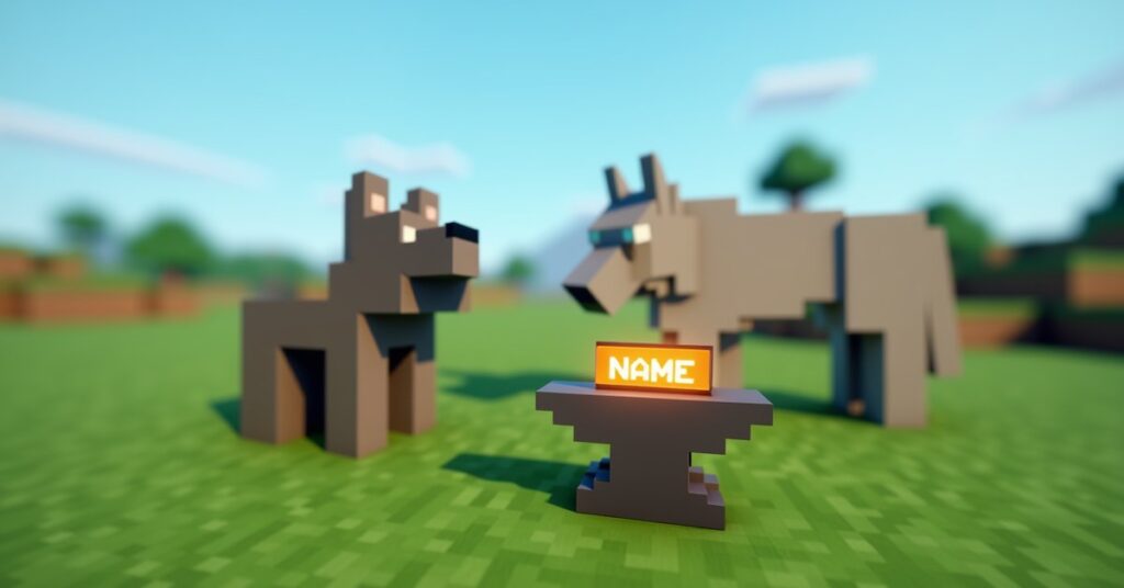 A Minecraft name tag item on an anvil beside a named pet wolf in a grassy plains biome.