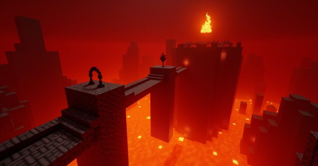 A Minecraft Nether fortress of dark nether brick with bridges spanning a glowing lava ocean under a red sky.