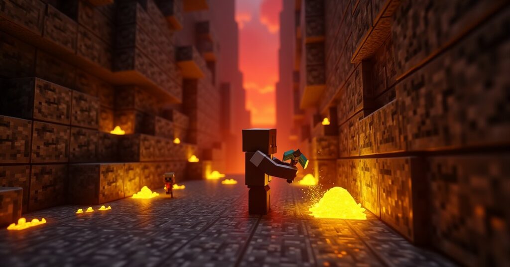 Minecraft player mining nether gold ore in a basalt deltas biome with a piglin watching from across a lava-lit chasm.
