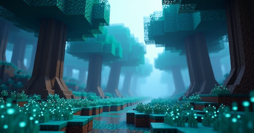 Cyan nether sprouts growing across warped nylium in a Minecraft warped forest biome