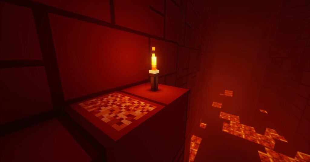 Reddish netherrack cliff in the Minecraft Nether with a small eternal flame burning on a top block.