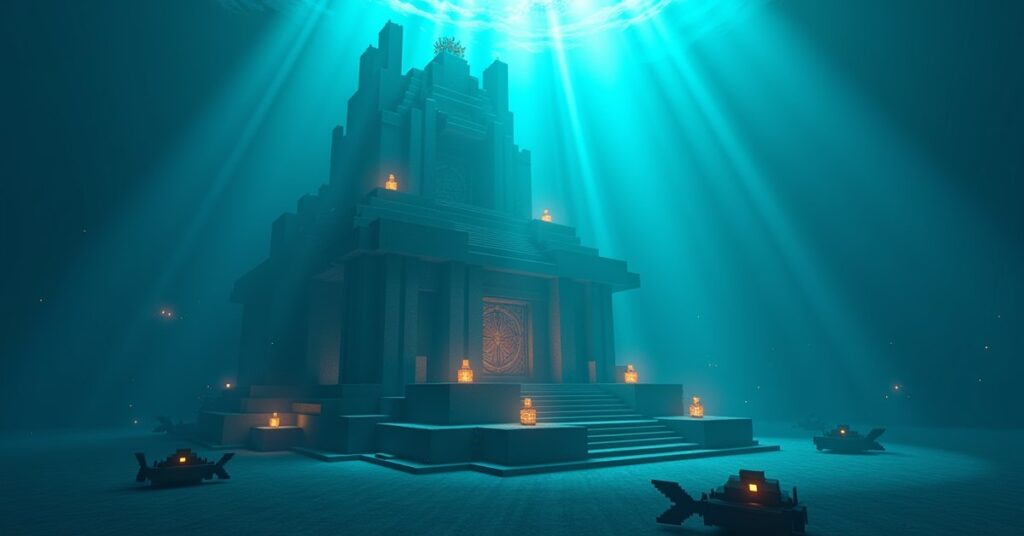 Minecraft ocean monument of prismarine and sea lanterns on a deep ocean floor, with guardians swimming nearby.