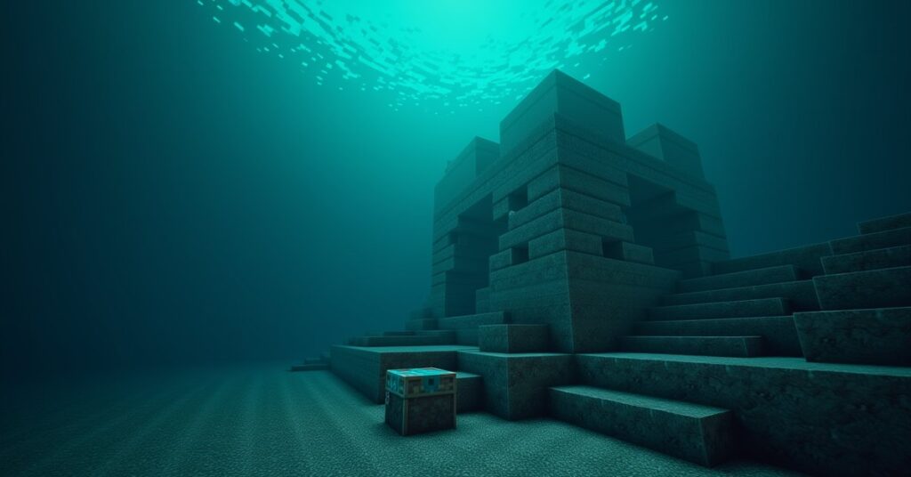 Minecraft cold ocean ruin of cracked stone brick on a gravel seafloor with a loot chest and dim blue underwater light.