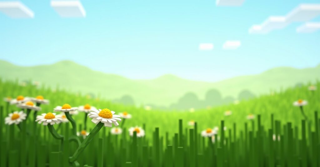A cluster of white oxeye daisy flowers growing in tall grass in a Minecraft plains biome under clear daylight.