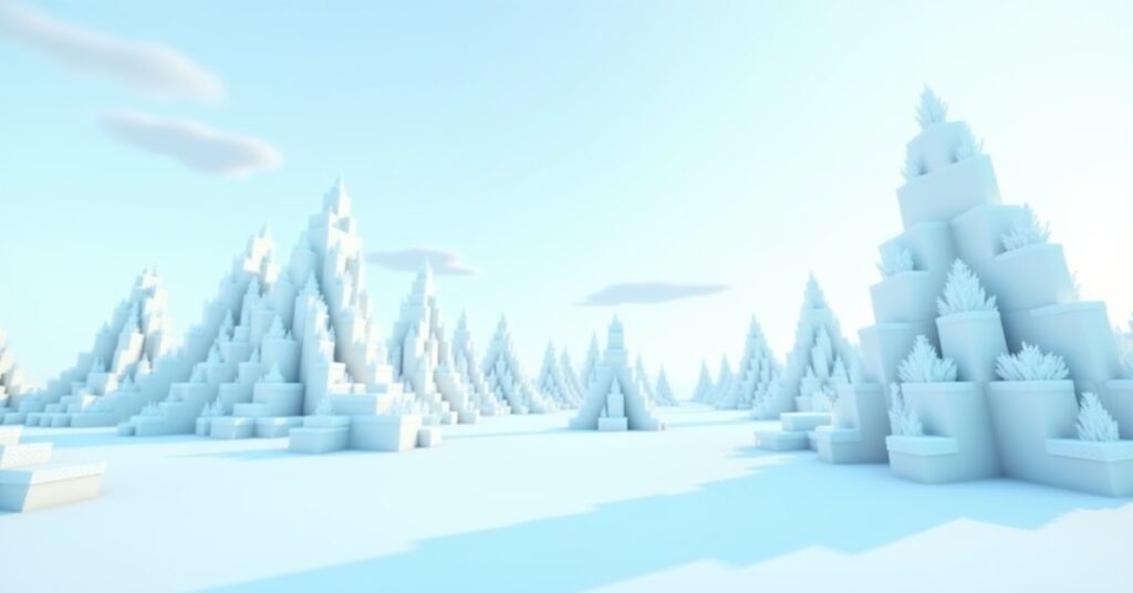 Tall packed ice spikes rising from a snowy Minecraft ice spikes biome under a clear blue sky.