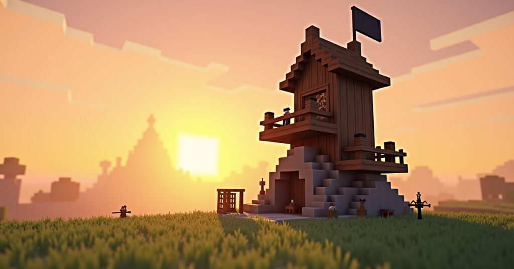 A Minecraft pillager outpost watchtower of dark oak and cobblestone on a plains biome, pillagers on guard at dawn.