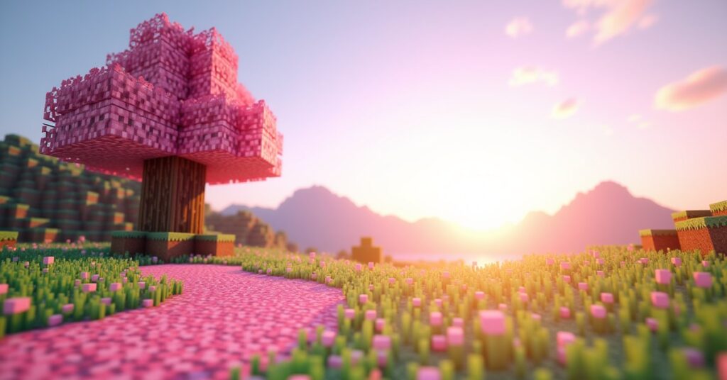Pink petals scattered across grass blocks beneath a blooming cherry tree in a Minecraft cherry grove biome.