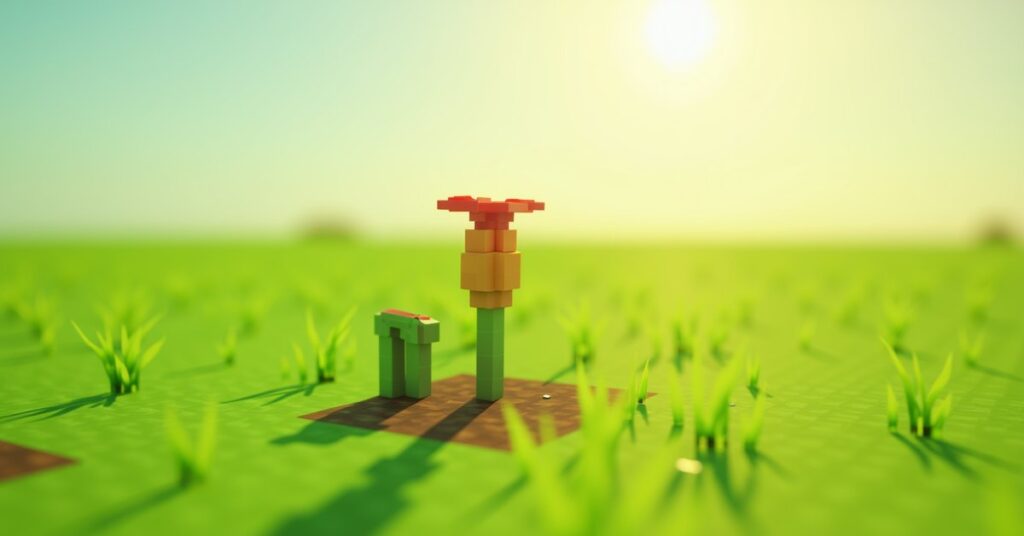 A fully grown Minecraft pitcher plant, a tall two-block flower, growing on farmland next to a sniffer.