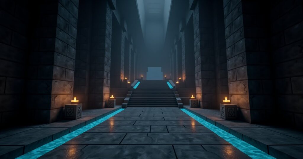 Polished deepslate blocks, slabs, and stairs forming the dark interior of a Minecraft ancient city.