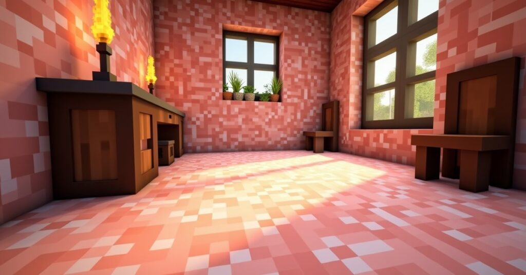Polished granite blocks forming a smooth floor in a Minecraft house interior