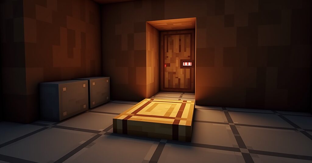 Wooden pressure plate in a stone floor opening an oak door in a Minecraft base